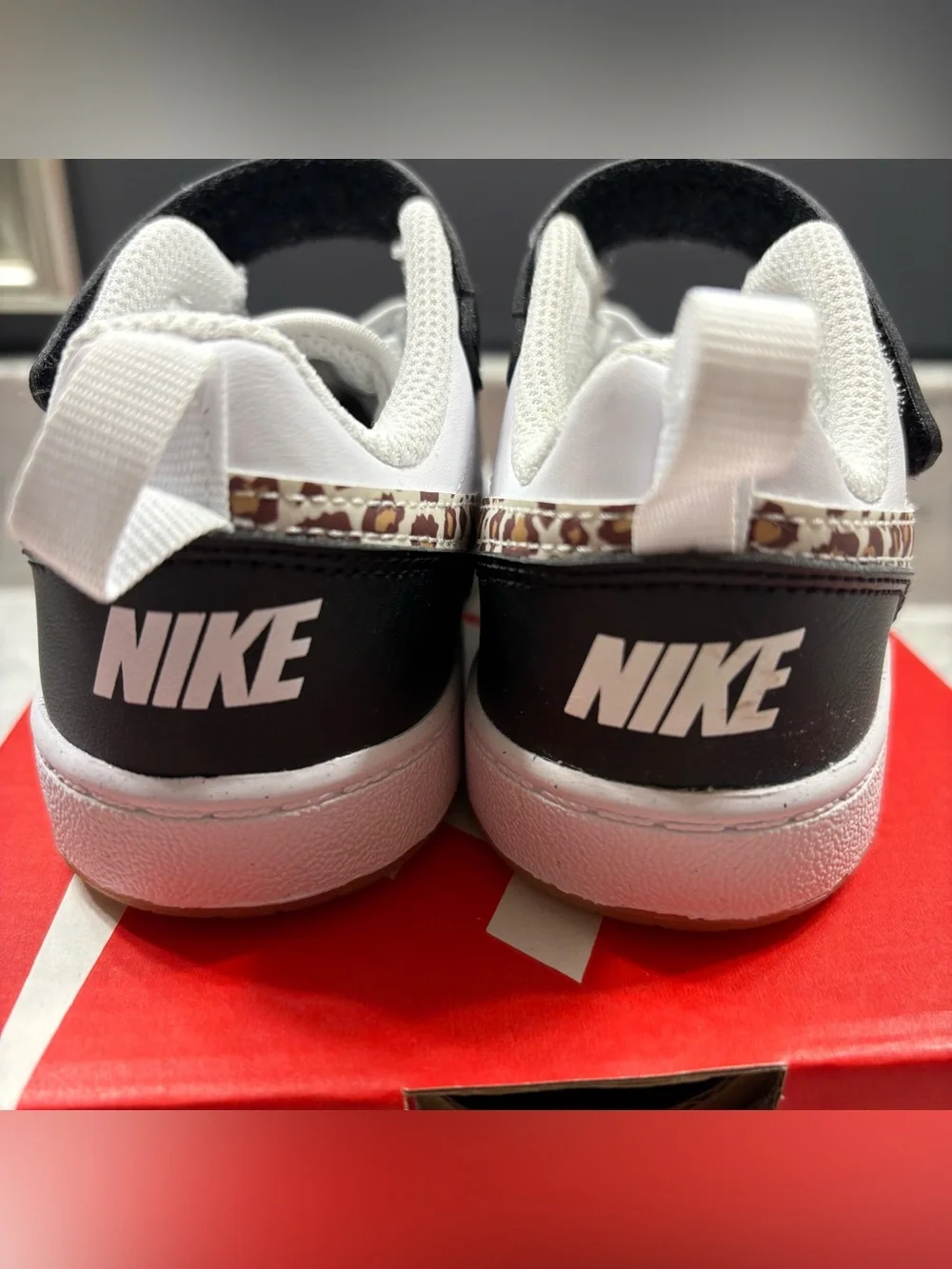 Nike Court Borough Low White Black Cheetah Toddler Little Girl Strap Shoe 10C